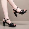 8см Маленький размер 32-43 Удобные босоножки на высоком блочном каблуке Обувь из мягкой кожи 2025 Летние босоножки на платформе Черные для офиса Модель