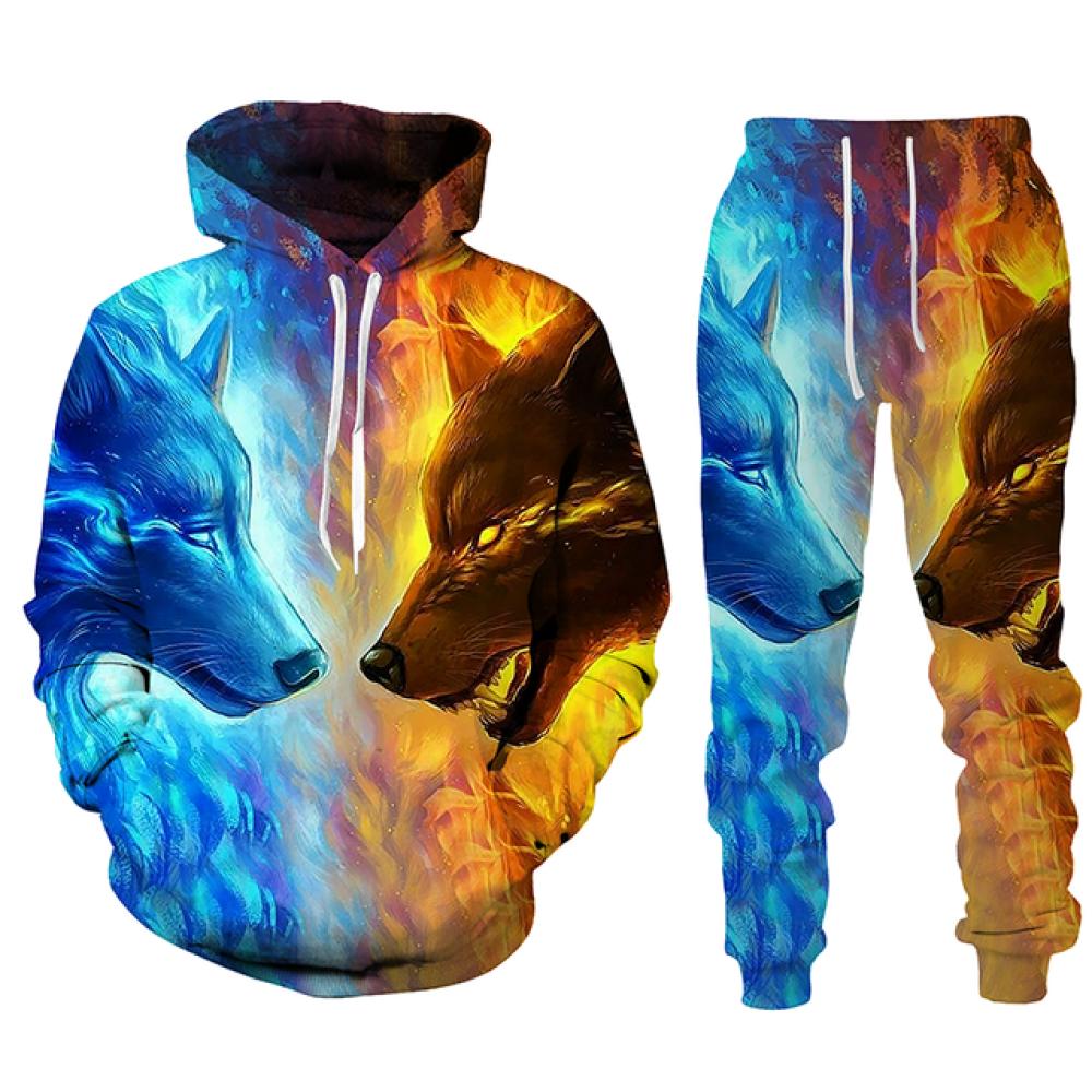 Модная уличная одежда, мужские комплекты, спортивные костюмы, новые мужские толстовки с принтом волка и спортивные штаны, костюм из двух предметов, повседневная мужская одежда с капюшоном