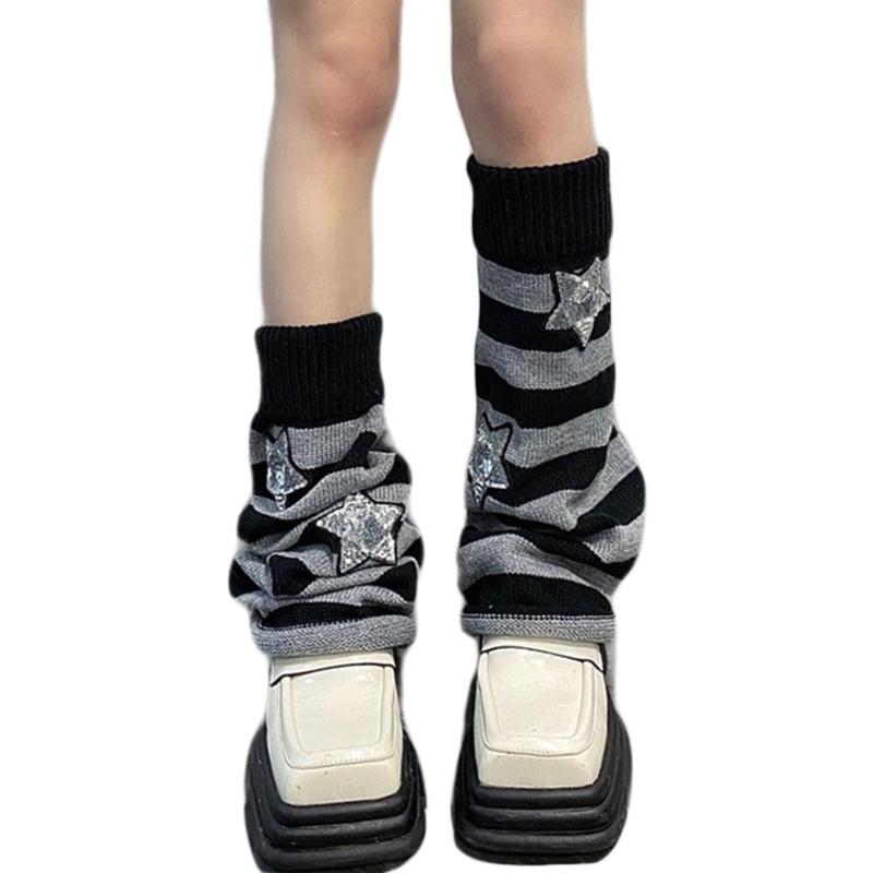 Harajuku Women Autumn Leg Warmers Socks Japanese Gothic Striped Sequins Stars Knitted Long Socks Punk Baggy Foot Covers