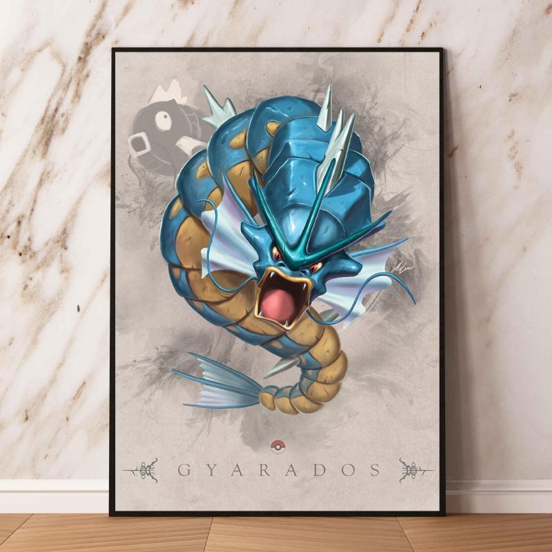 Pokemon Gyarados and Koi Leaping Dragon Gate Decorative Painting Traditional Art - Style Mural Unique Gift for Anime Lovers