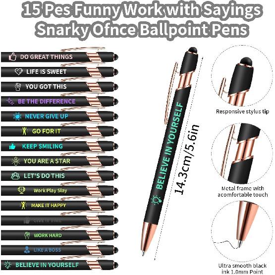 15 Pack pirational Pens - Motivational Ballpoint Pens Bulk with Quotes Stylus Tip Black Ink, Funny Pens for Coworkers School Office Supplies, Black