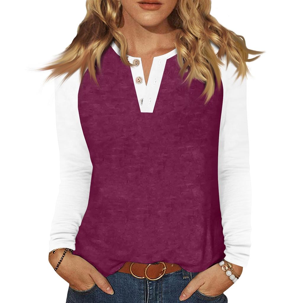 Женская футболка колор-блок на пуговицах с длинным рукавом, повседневная, для выходных, модная, базовая, с V-образным вырезом, обычная