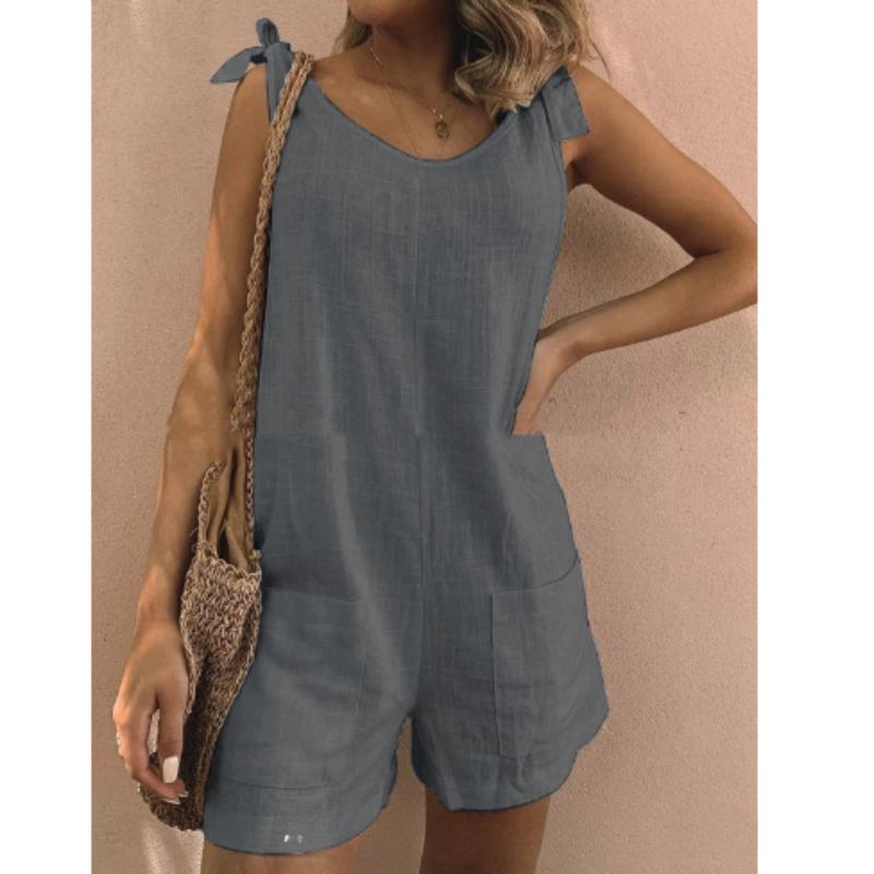 Summer Women's Solid Color Cotton and Linen Patch Pockets Loose Casual Jumpsuit Shorts Suspenders Overalls Bib Pants Sleeveless Jumpsuit