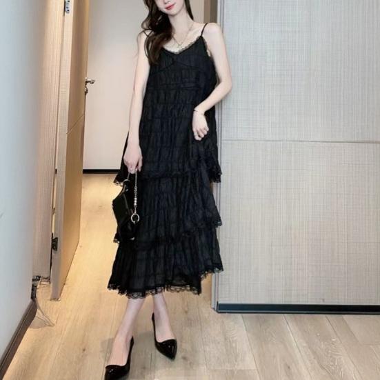 Женское платье на бретелях с V-образным вырезом, без рукавов, многослойное, с кружевной отделкой, макси-платье