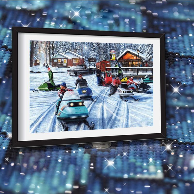5D DIY Diamond Painting Full Round Snowmobiles Picture of Rhinestone Winter Decor Home Wall Stickers