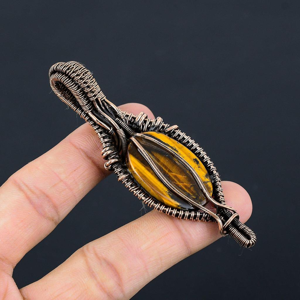Подвеска Тигровый глаз, Подвеска из драгоценного камня ручной работы, обернутая медной проволокой 999 пробы, Антикварное украшение, Для подарка, Серебряное украшение