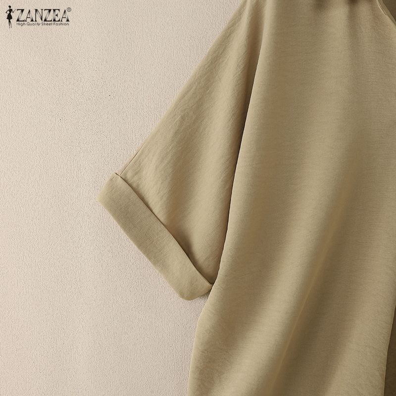 ZANZEA Женская повседневная свободная блузка с отложным воротником и коротким рукавом