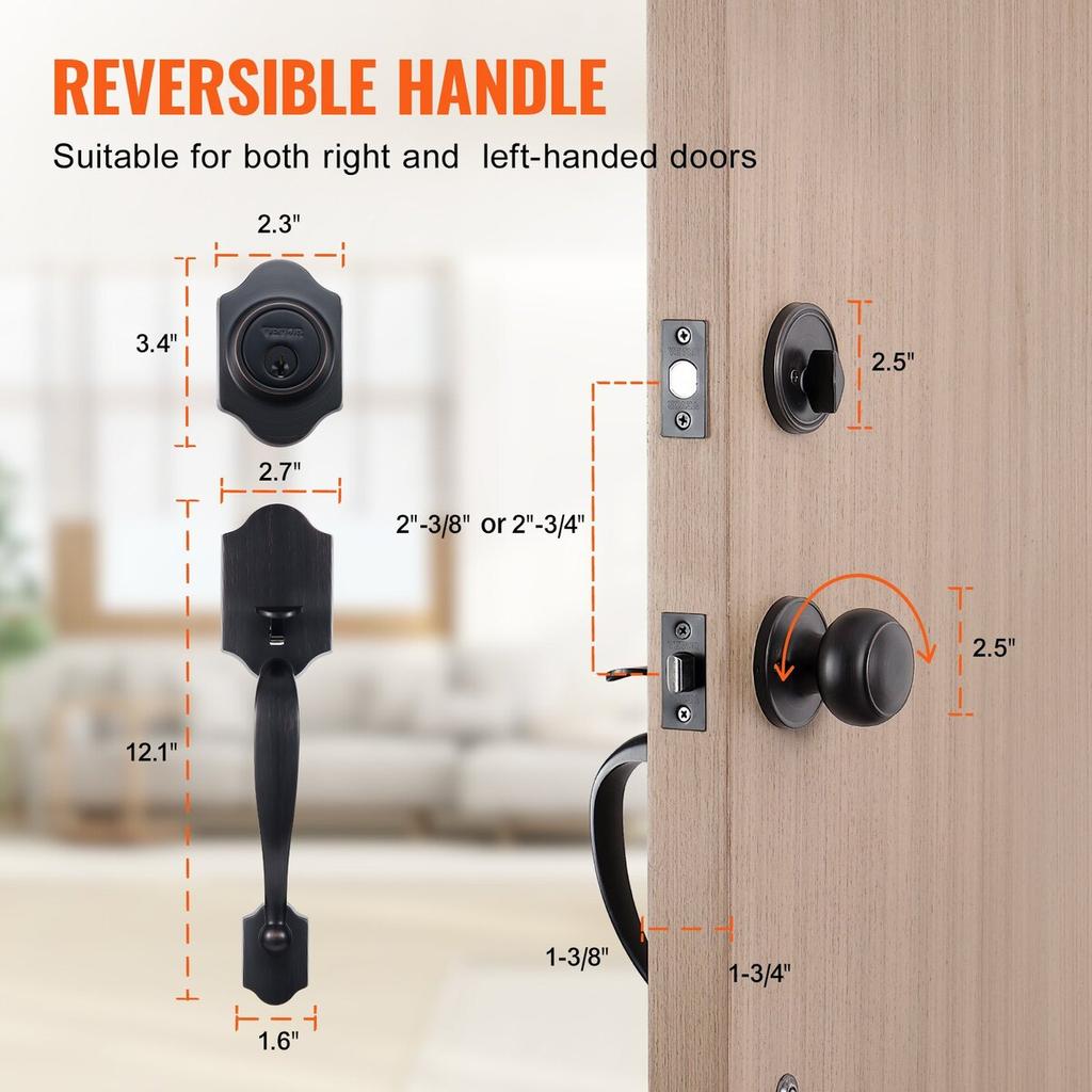 Front Door Handle and Deadbolt Set, Antique Copper Front Door Lock Set with Interior Knob, Adjustable Hole Spacing Single Cylinder Handleset, for