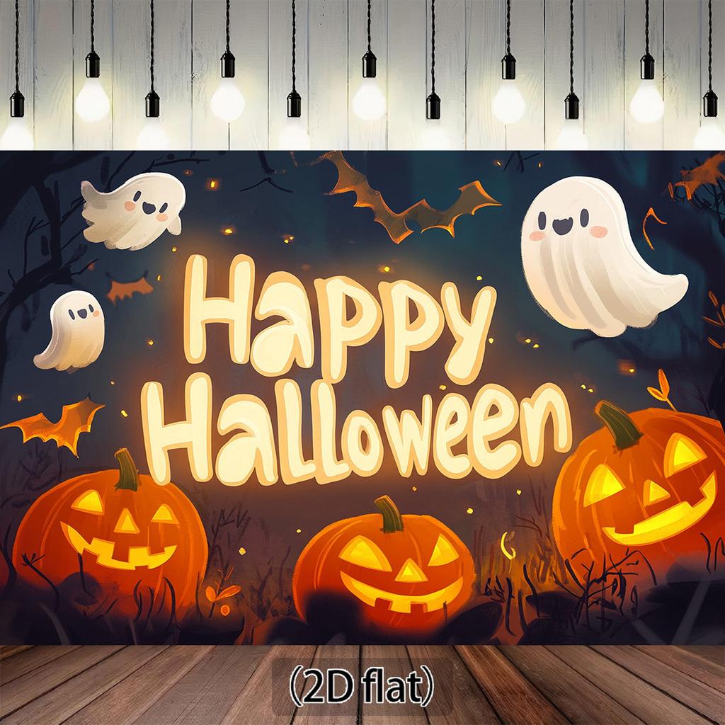 Halloween Background Cloth - Ghosts, Pumpkins, Bats, Forest Scene Decoration, No Power Required