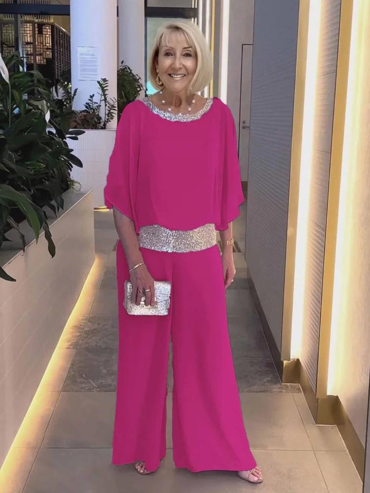 Europe and The United States Ladies Suit Round Neck Sequins Color Blocking Bat Shirt Wide Leg Pants Suit Female