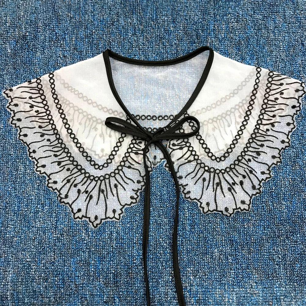 Women Girls Chiffon Lace Fake False Collar Decorative Double Layer Ruffles Embroidery Choker Blouse Shawl Bowtie