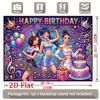 Vibrant Musical Celebration Scene with Three Stylish Dancers, Colorful Balloons, Treble Clefs and Lit Birthday Cake, Birthday Parties