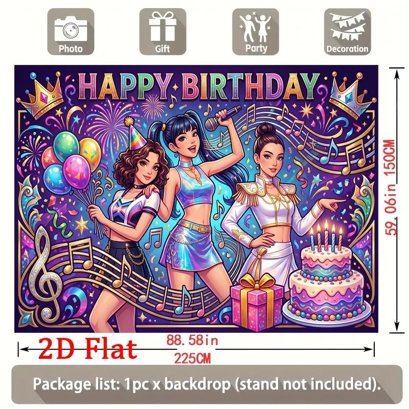Vibrant Musical Celebration Scene with Three Stylish Dancers, Colorful Balloons, Treble Clefs and Lit Birthday Cake, Birthday Parties