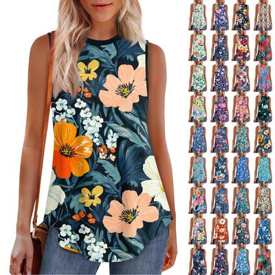Женская круглая горловина с ретро-цветочным принтом жилет универсальный свободный подол без рукавов футболка топ