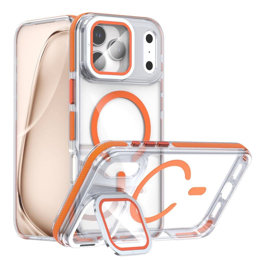 For iPhone 17 Pro Magnetic Case TPU Acrylic Clear Phone Back Cover with Lens Protector Kickstand