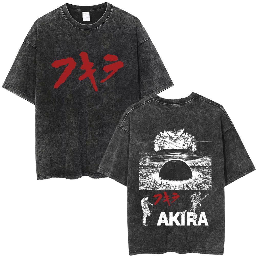 Anime Akira Vintage Washed T Shirt Japanese Science Fiction Cartoon Movie Shotaro Kaneda Manga Casual Cotton Tshirts Streetwear