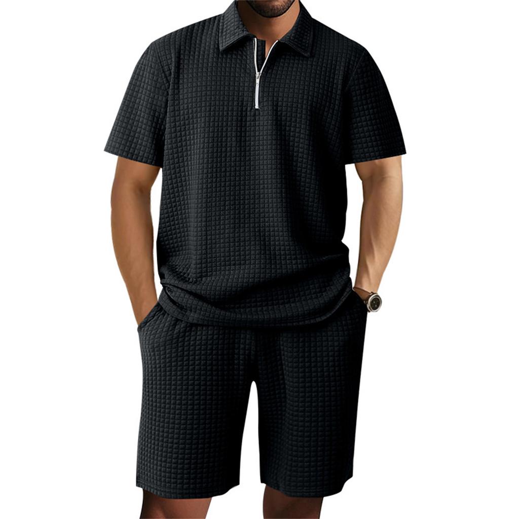 Мужской однотонный повседневный комплект из двух предметов с короткими рукавами и воротником