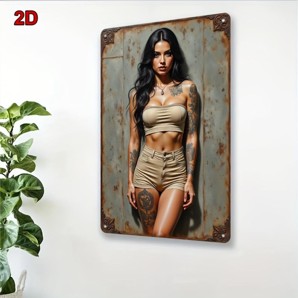 Винтажная металлическая настенная картина «Девушка с татуировками» 8x12 дюймов - Деревенская железная декоративная табличка для бара, кафе, спальни, офиса - Ретро-комната в стиле татуировок Д
