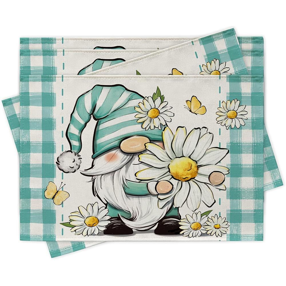 4Pcs, Daisy Gnome Pattern Placemats, Washable, Suitable for Holiday Parties, Home Decor