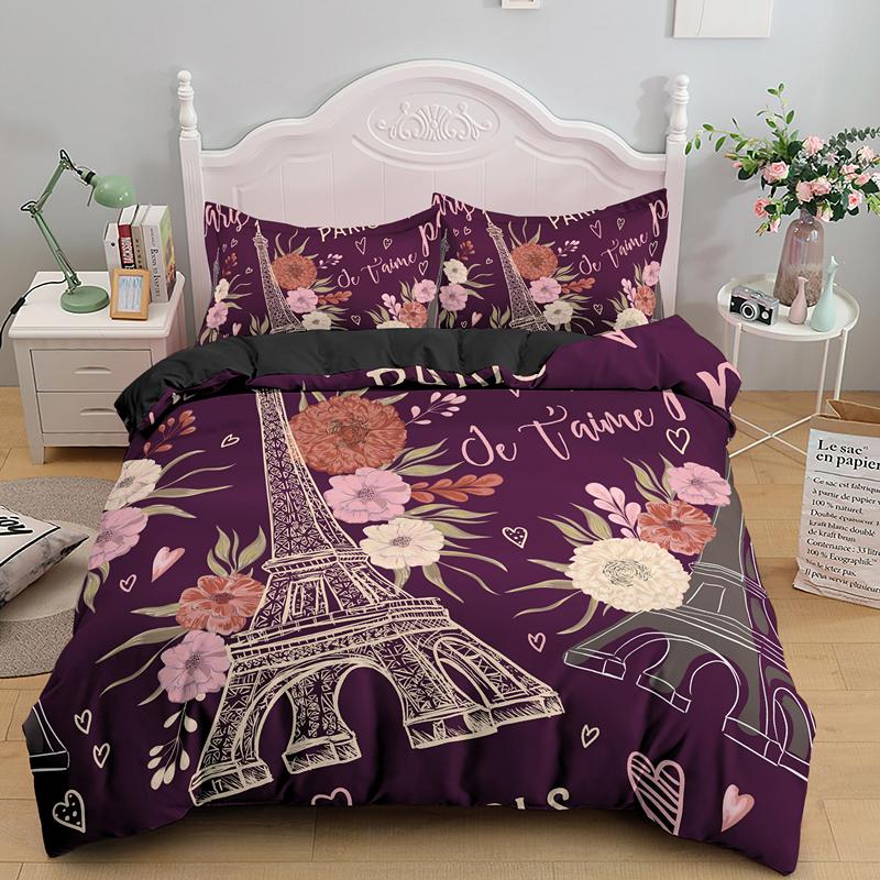Пододеяльник с изображением Эйфелевой башни, короля и королевы, Париж, знаменитая архитектура, комплект постельного белья для взрослых, романтический пейзаж, 2/3 шт., полиэстер, пододеяльник