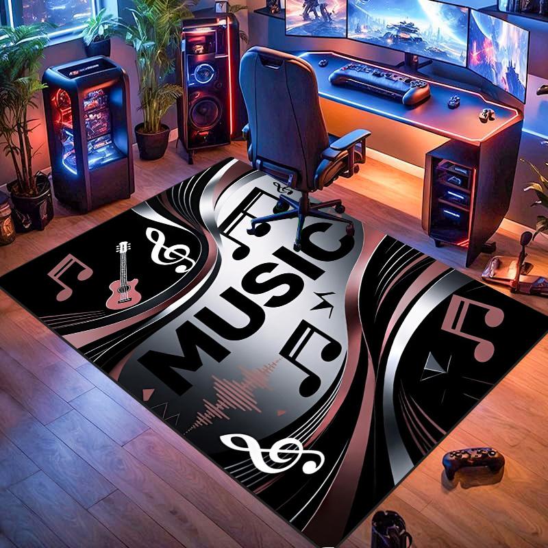 Modern Metallic Music Note Guitar Print Area Rug Non‑Slip Rectangular Floor Mat Music Lover Home Decor for Gaming Room Living Bedroom