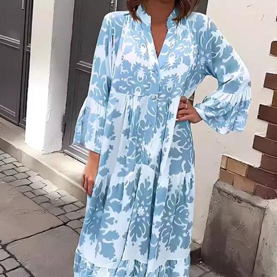 Women Maxi Dress V Neck Floral Printed Pleated Ruffle Patchwork Hem Loow Waist Horn Sleeves Single-breasted Daily Commuting Long Dress