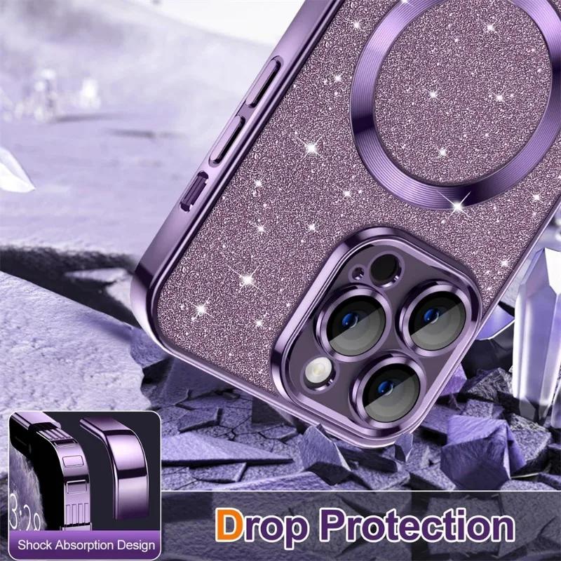 Роскошный чехол для телефона с беспроводной зарядкой Electroplate Magsafe для iPhone 16 15 13 12 11 Pro Max 14 Plus, мягкий чехол-бампер с блестками