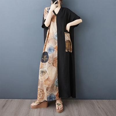 Летнее тонкое хлопково-льняное платье с V-образным вырезом, короткими рукавами и контрастной цветной лоскутной отделкой для стройнящего силуэта