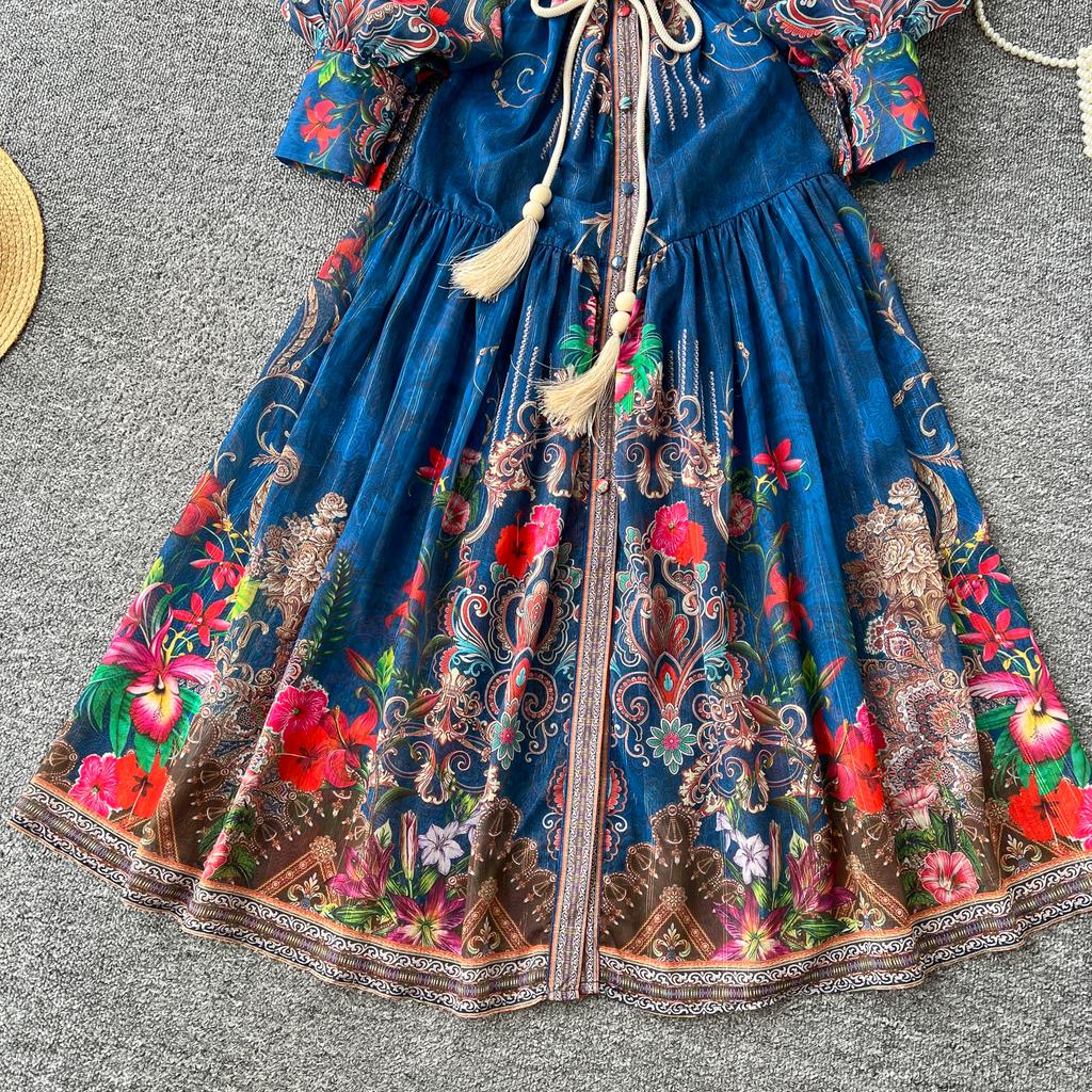 Весна-лето Женское винтажное платье с принтом дворца на подиуме с рукавами-фонариками Длинные макси-платья для отдыха на пляже с поясом