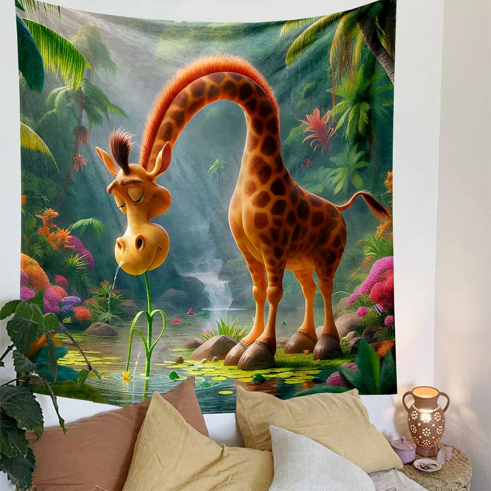 "Whimsical Giraffe in Tropical Paradise" Patterned Tapestry Decorative Wall Hanging, Home Bedroom Living Room Decor