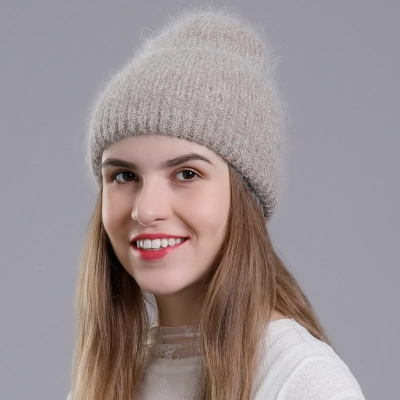 Женская зимняя теплая вязаная шерстяная универсальная шапка-пуловер с высокими фланцами и блестками из кроличьей шерсти