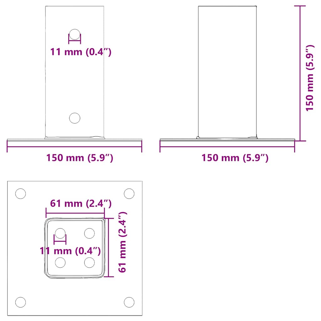 Square Post Base 4 pcs 61 x 61 mm Powder Coated Steel