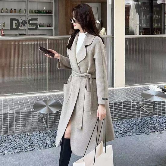 Fall Winter Women Overcoat Turn Down Collar Long Sleeve Open Stitch Pockets Loose Mid Length Solid Color Soft Warm Thick Lady Mid Calf Length Coat