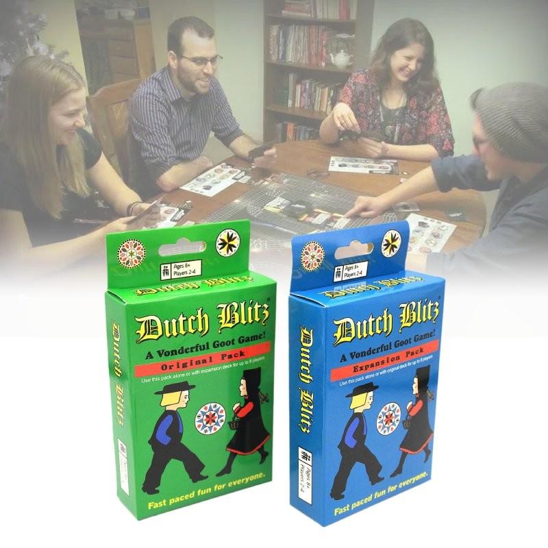 Захватывающая карточная игра Dutch Blitz для семейного веселья с красочными картами синего и зеленого цветов