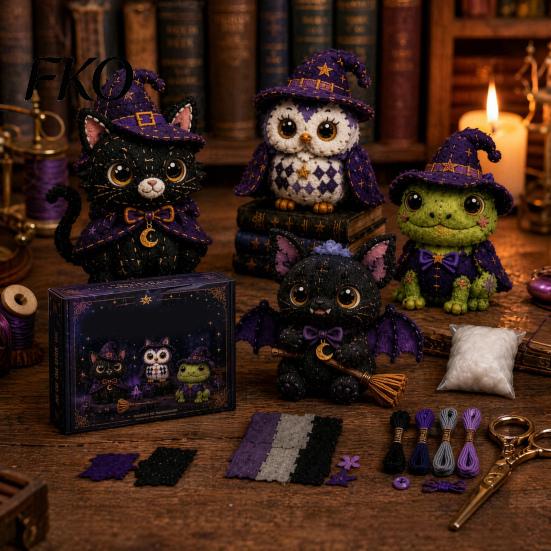 Animal Patchwork Craft Halloween Friends Kit, DIY Sewing Make 4 Kit Adorable Characters, for Beginners Handmade Gift Holiday Decor