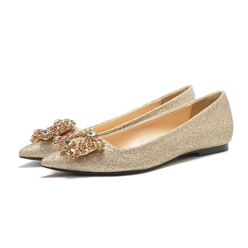2024 Fashion Shoes Women Flats Rhinestone Pointed Toe Gold Pink Silver Modern Ladies Ballet Flat Shoes Plus Size 42