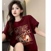 Cotton Loose Retro Burgundy Top Crew Neck Creative Design Niche Short Sleeve T-Shirt Women