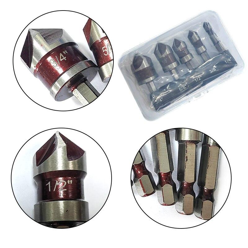 Быстрорежущая сталь 5PC шестигранный хвостовик британский пятигранный красный фаскосниматель 1/4-3/4 зенковочное сверло инструмент для снятия заусенцев и раскрытия отверстий
