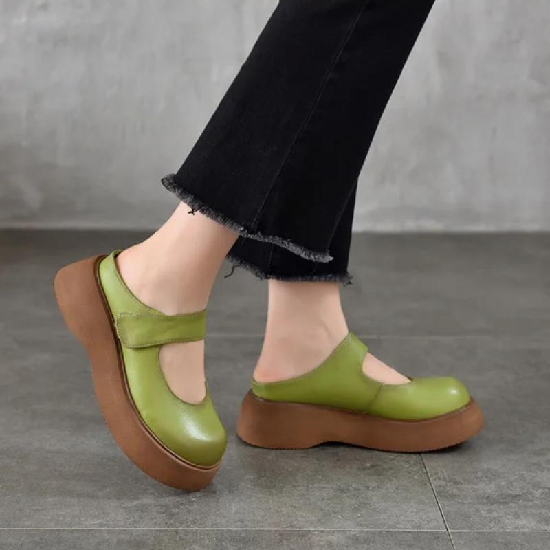 Johnature Detachable Large Flower Round Toe Women's Slippers Genuine Leather Lightweight Thick Soled Sandals