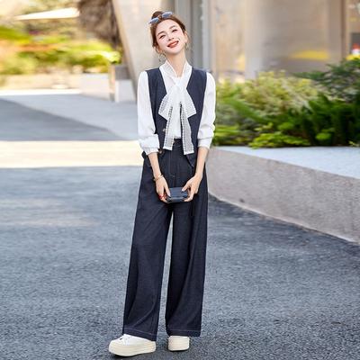 Модный профессиональный темперамент жилет джинсовый костюм женский весенний новый корейская версия свободный и тонкий брюки широкого покроя комплект из трех предметов