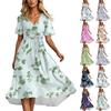 Women's Summer Fashion V-Neck Flared Dress Short Sleeve Floral Dresses