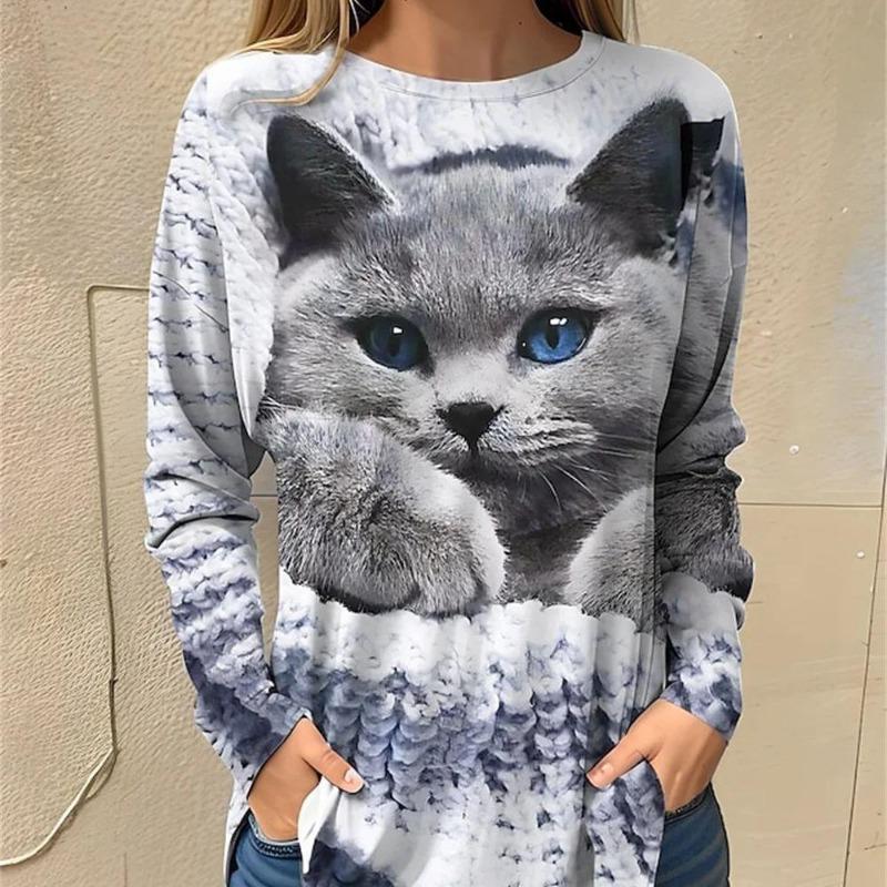Women's 3d Colorful Cartoon Kawaii Cat Print Autumn Long Sleeve Tops Women's T-Shirt O-Neck Oversized Ladies Clothing