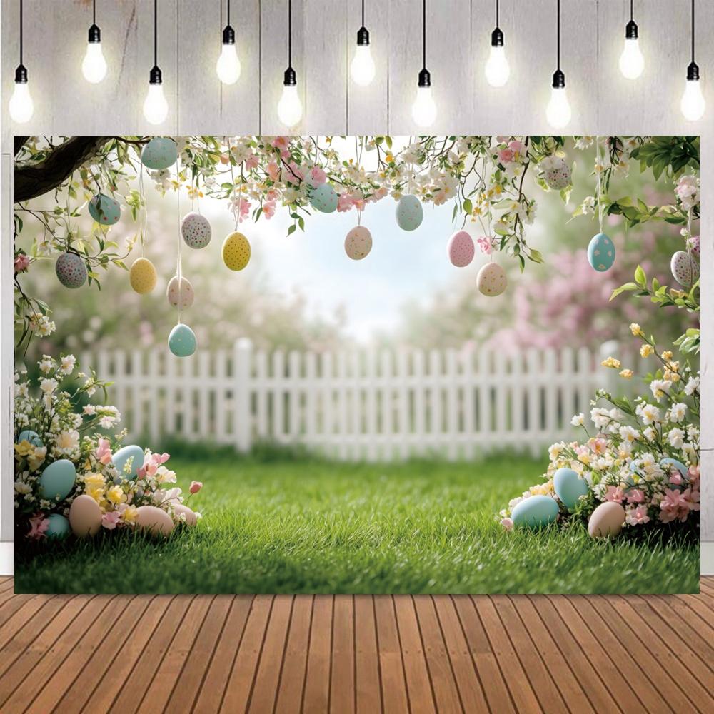 Easter Mini Wooden House Floral Egg Basket Photography Background Photo Backdrop for Baby Portrait Birthday Party Home Decor9