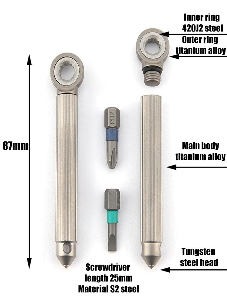 Titanium Alloy Brass Modular Screwdriver Ratchet Wheel Screwdriver With 2PCS S2 Bit EDC Riding Equipment Tungsten Head Gadget