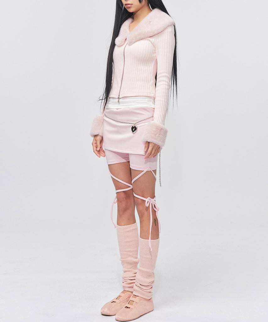 RAWMANTICS Mini Fur Ribbed Zip-Up Cardigan Pink