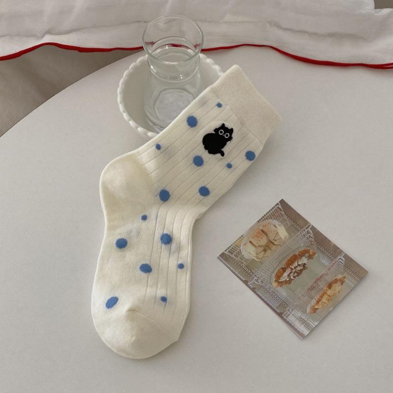 Ladies Spring and Summer New Trend Cartoon Black and White Cat Love Polka Dot Pure Cotton Tube Socks