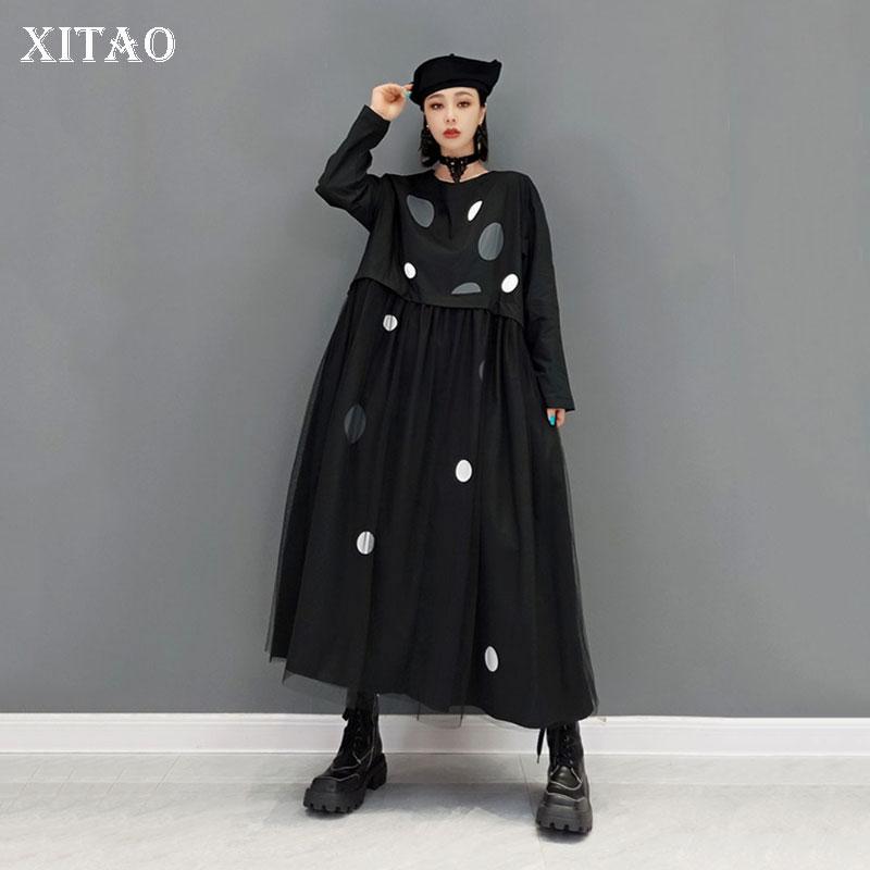 Xitao Mesh Patchwork Dress Loose Fashion Dot Print Women Simplicity Casual Pleated Hem WMD2016