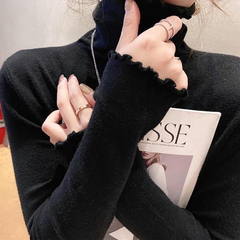 HELIAR Женский свитер с высоким воротом и оборками, длинный рукав, однотонный тонкий пуловер, офисный повседневный свитер, джемпер для женщин, осень-зима