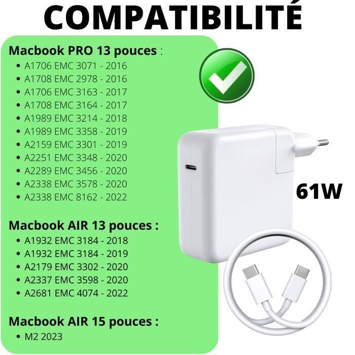 Зарядное устройство 61 Вт + Кабель USB-C USB-C для MacBook PRO 13 MacBook AIR 13 AIR 15 Phonillico®