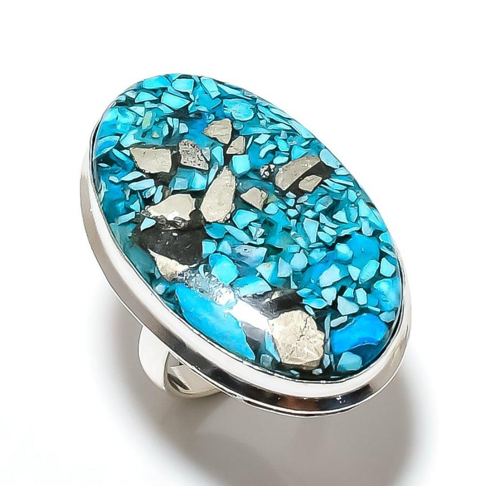 Copper Blue Turquoise Gemstone Handmade 925 Sterling Silver Ring Size 8.5 J1M80